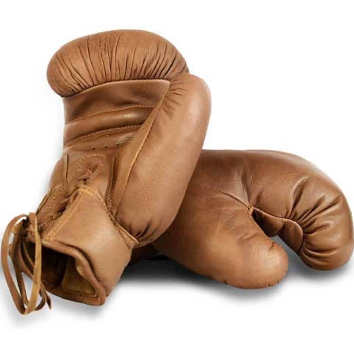 Vintage leather boxing gloves in a rich tan colour, featuring a soft, worn texture and a classic design.