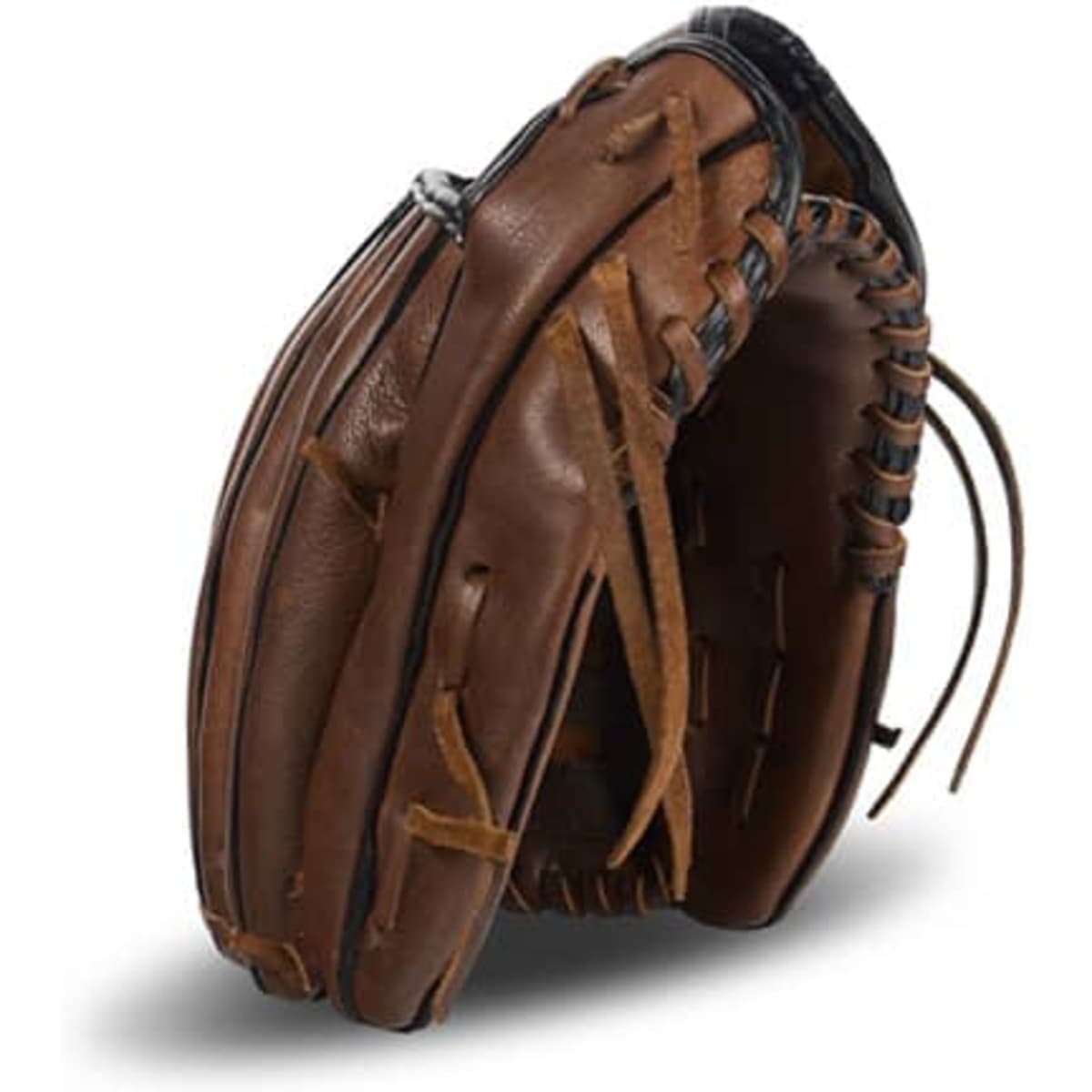 A vintage leather baseball glove in shades of brown with black accents, featuring detailed stitching and laces.