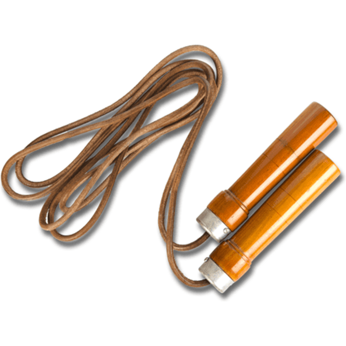 A vintage look skipping rope with orange wooden handles and brown leather cords.