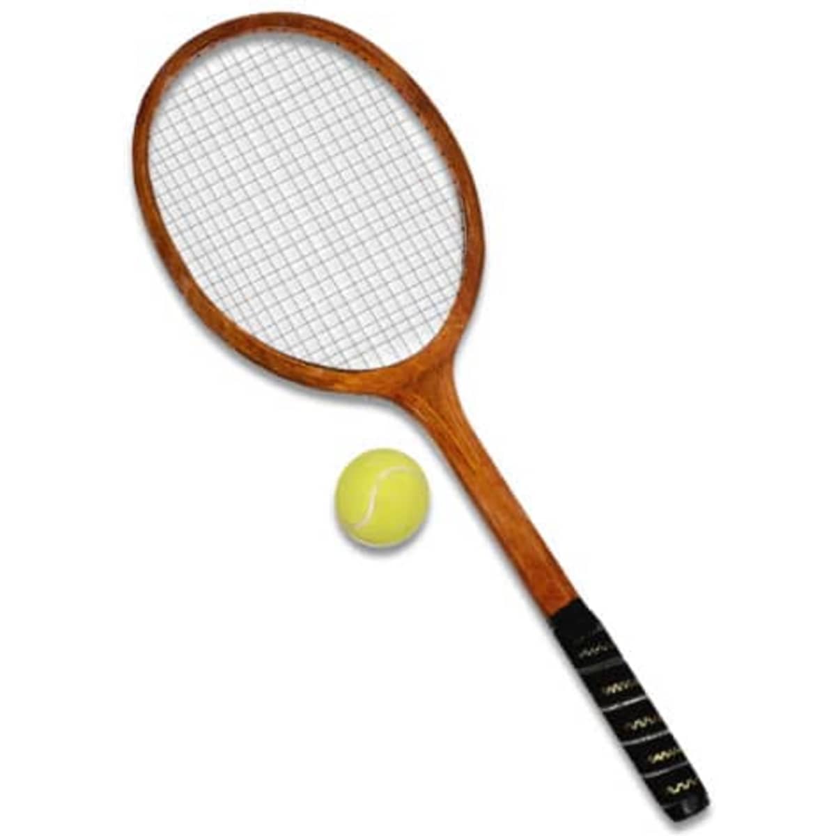 A vintage-style wooden tennis racquet with a black grip and a yellow tennis ball placed next to it.