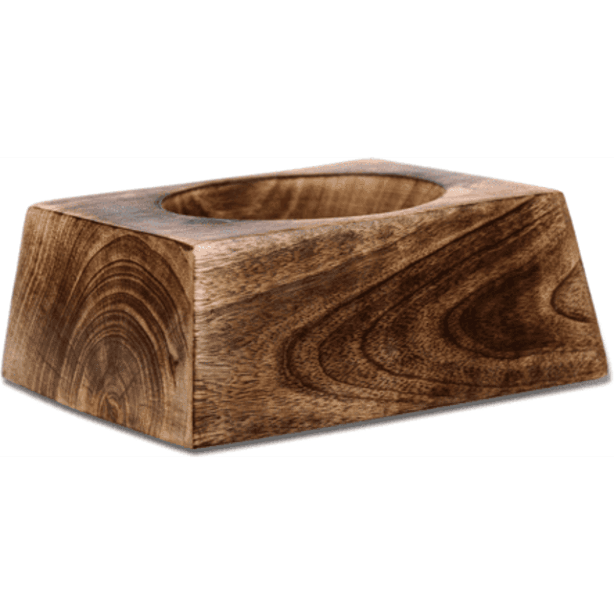 A wooden display ball stand featuring a rich brown finish with a rectangular base and circular indentation.