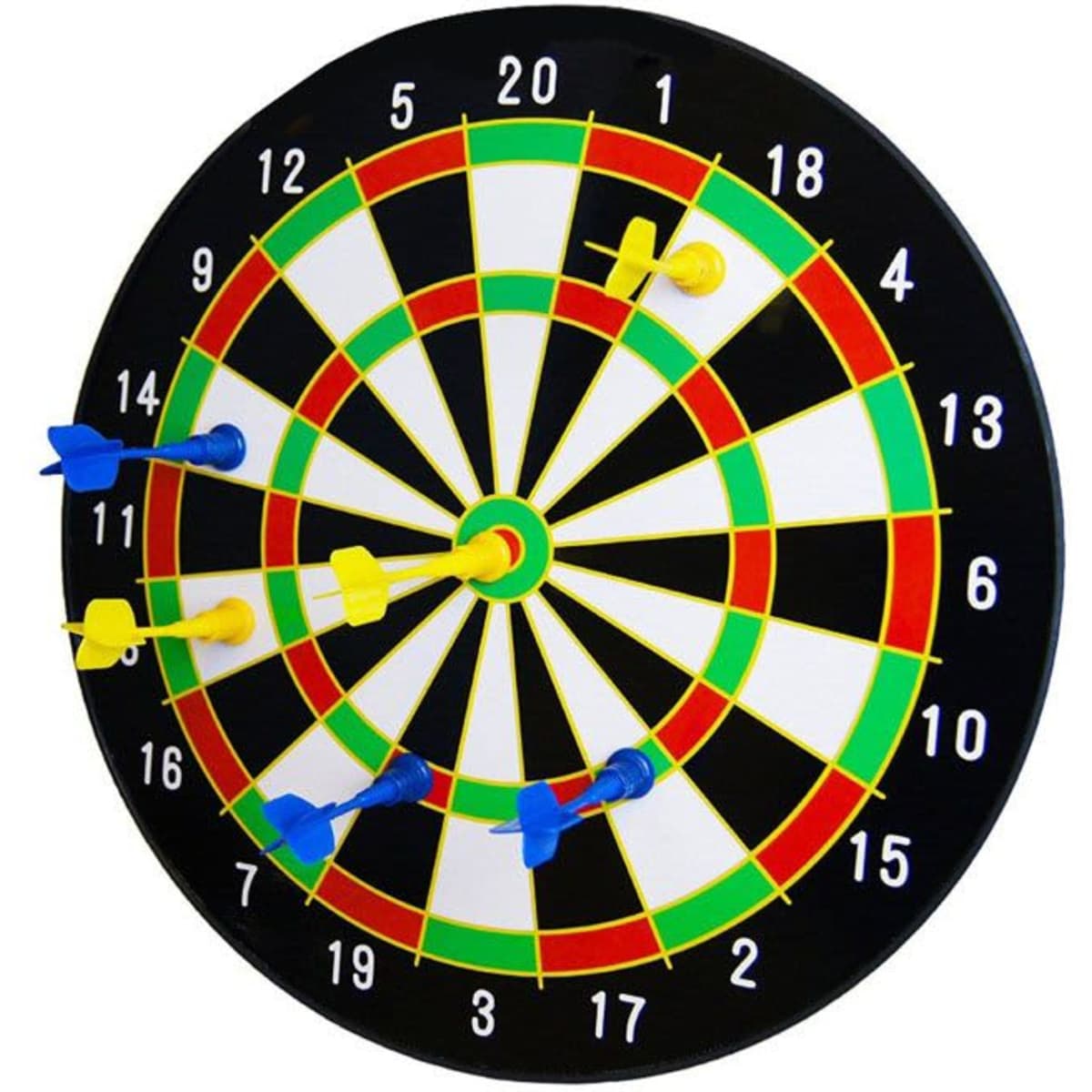 A dartboard featuring a colourful design with red, green, and yellow sections, and several darts embedded in it.