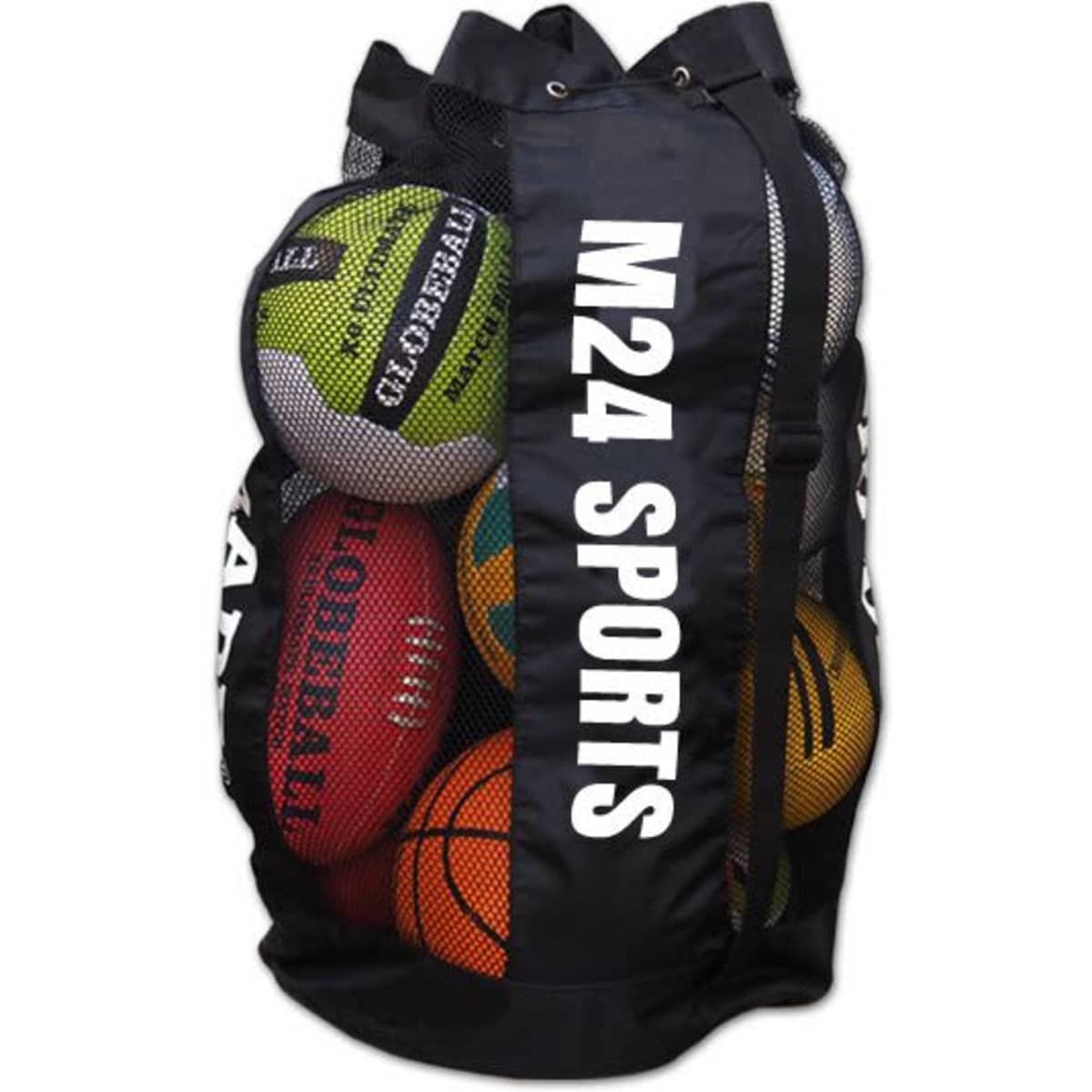 A black bag filled with various sports balls, featuring a mesh design and a logo.
