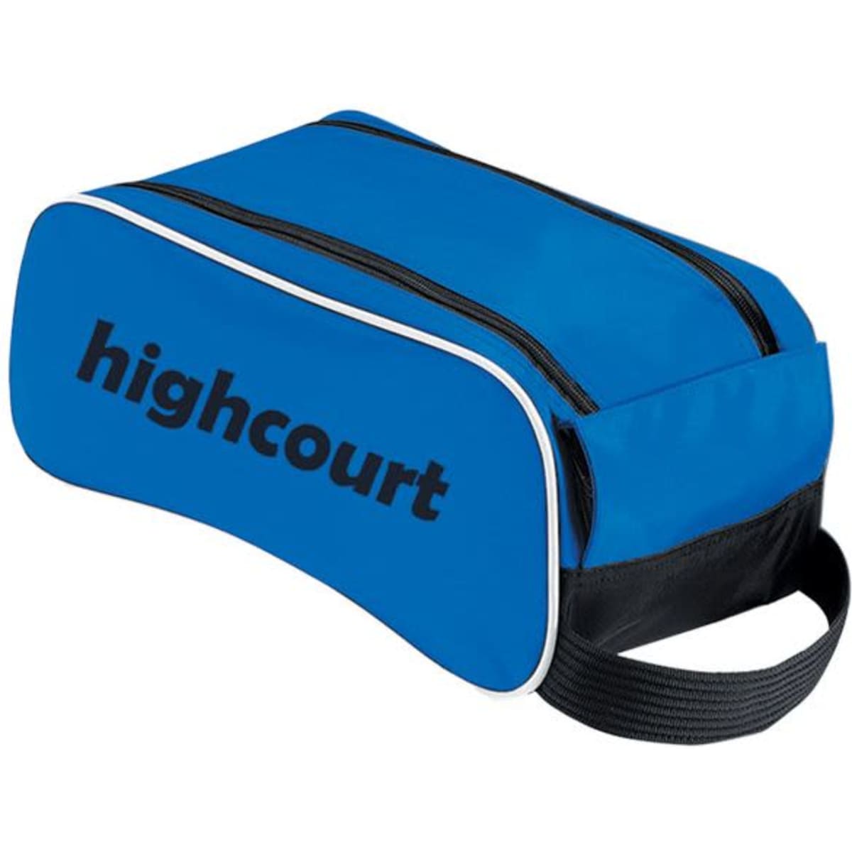 A blue shoe bag with a zip closure and a handle, featuring a logo.