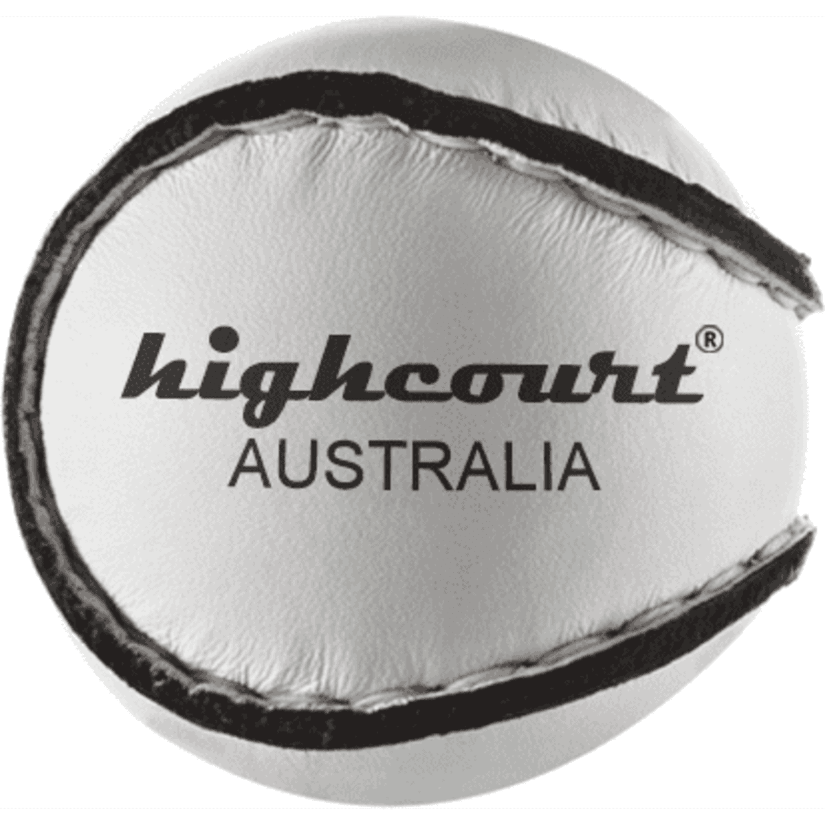 A white ball with black stitching and a logo. It features the text "highcourt AUSTRALIA".