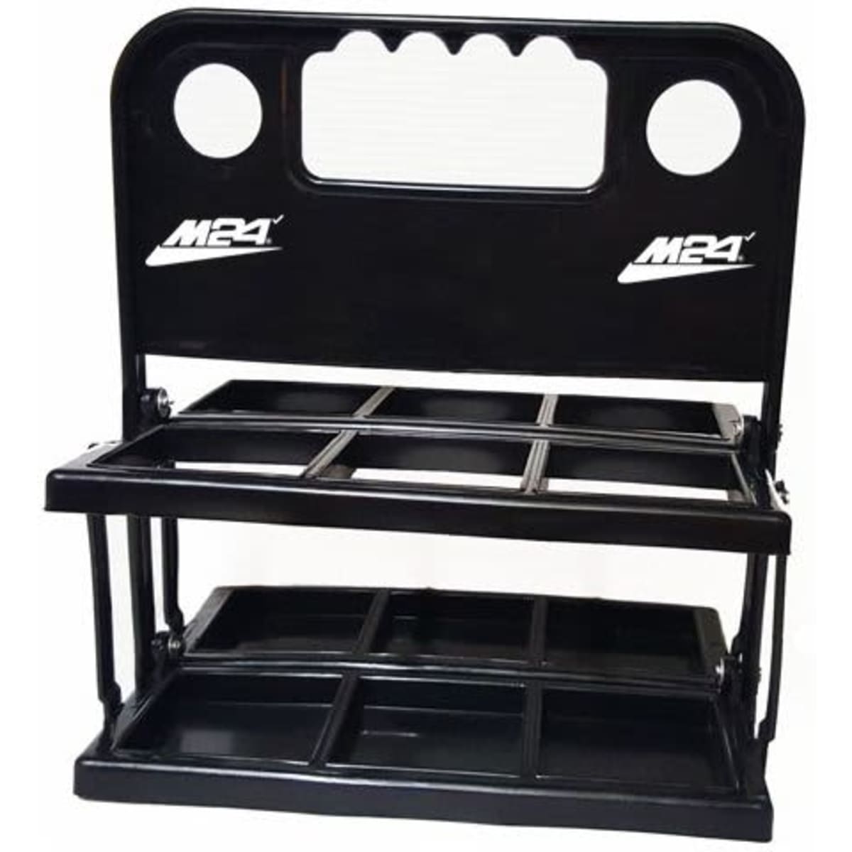A drink bottle carrier in black, featuring multiple compartments and a handle for easy transport. It has a logo on the front.
