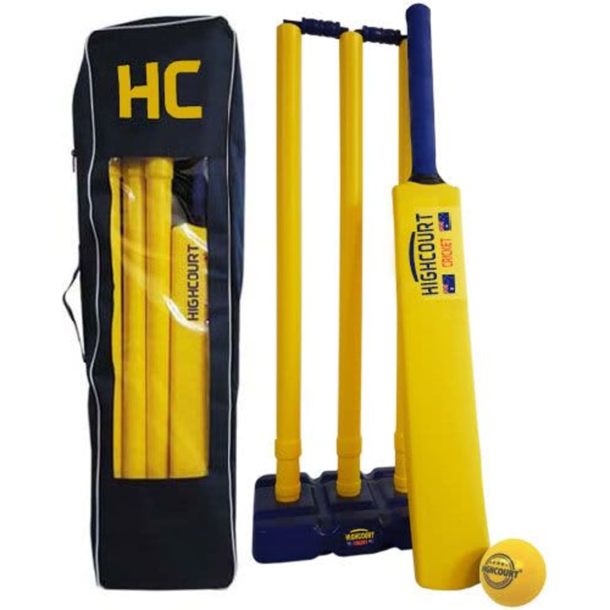 A yellow beach cricket set, including a bat, stumps, ball, and a carrying bag with a logo.
