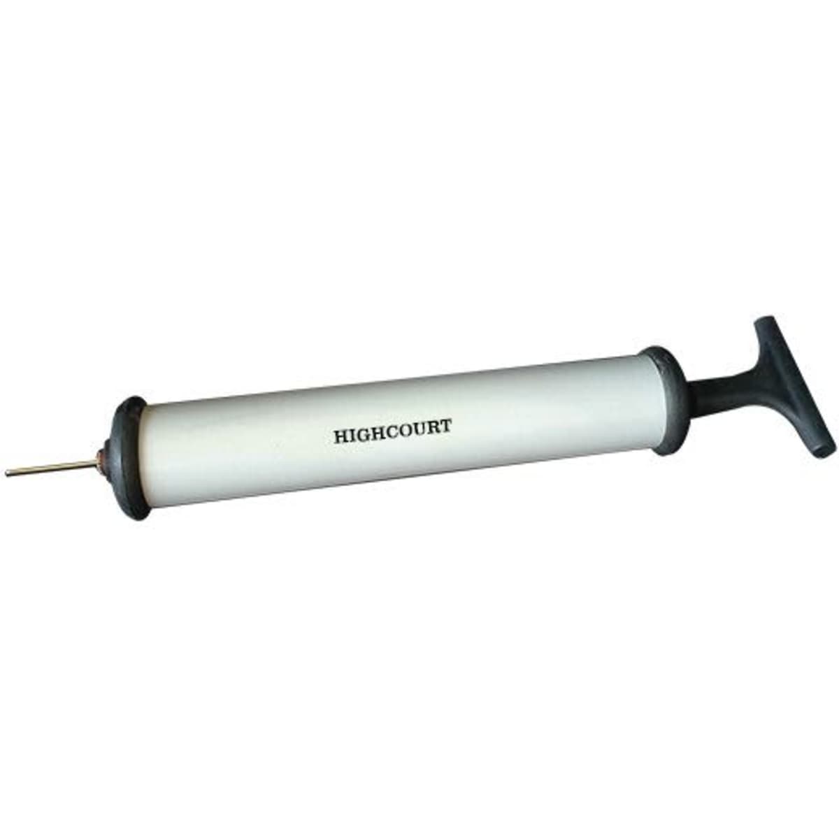 A white and black plastic inflating pump with a handle and metal nozzle, featuring a logo on the body.
