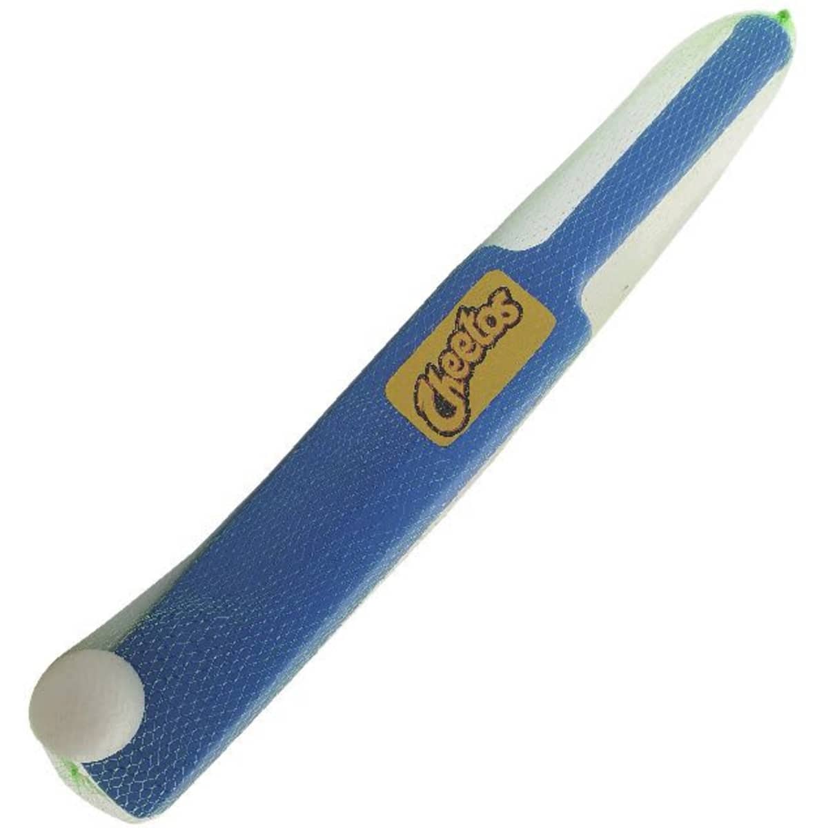 A kid's plastic cricket bat in blue and white, accompanied by a plastic ball. Features a logo on the bat.