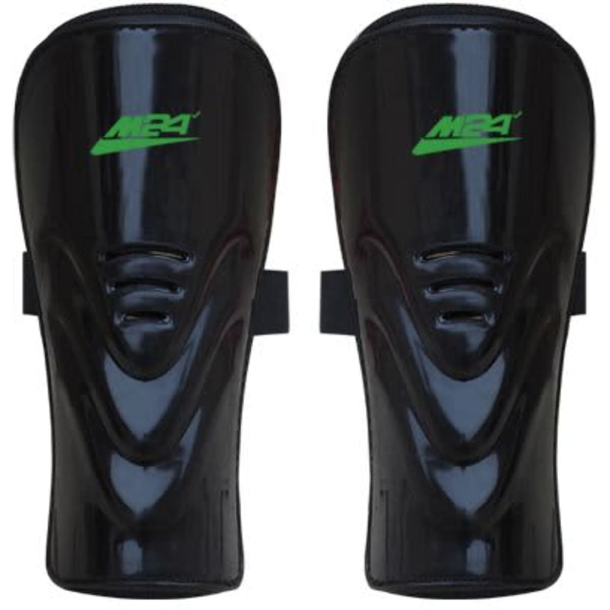 Black shin guards with a green logo, featuring a sleek design and adjustable straps for secure fitting.