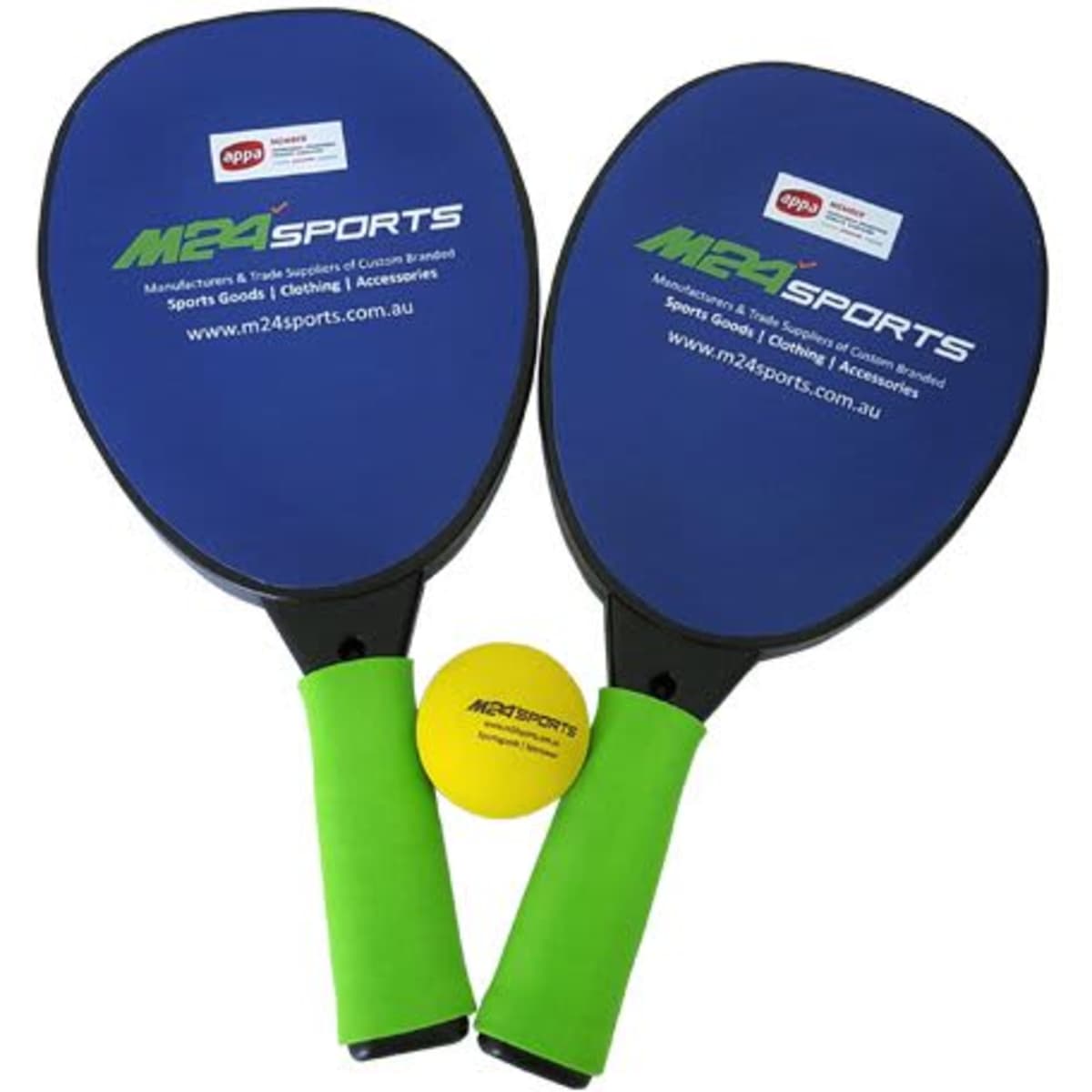 A table tennis set featuring two paddles with blue heads and green soft grip handles, accompanied by a yellow ball.