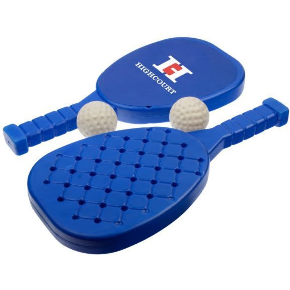 A blue toy table tennis set featuring two paddles and two balls, with a logo on one paddle.