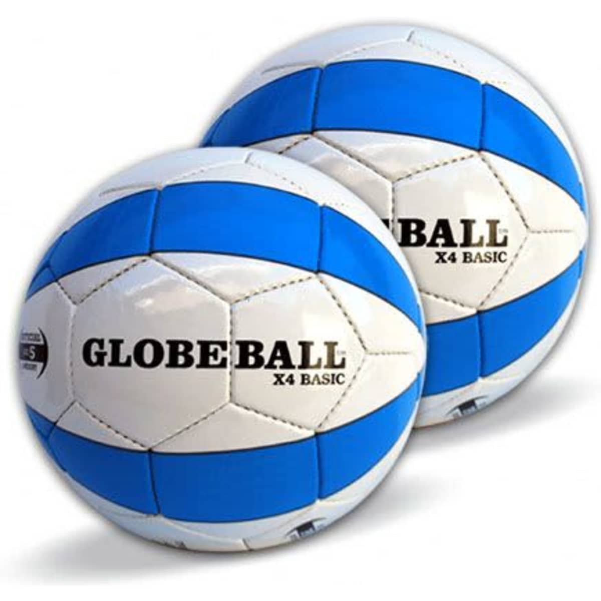 Two white soccer balls with blue stripes, featuring a logo and branding on the surface.