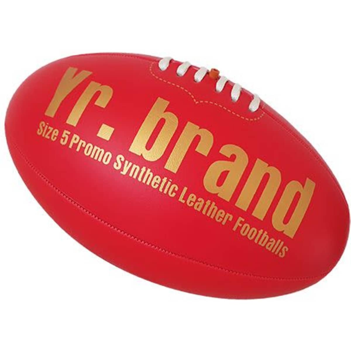 A red synthetic leather Australian football with white laces and a logo.