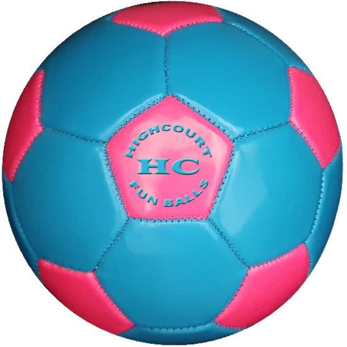 An inflatable fun ball featuring a blue and pink design, with a logo in the centre.