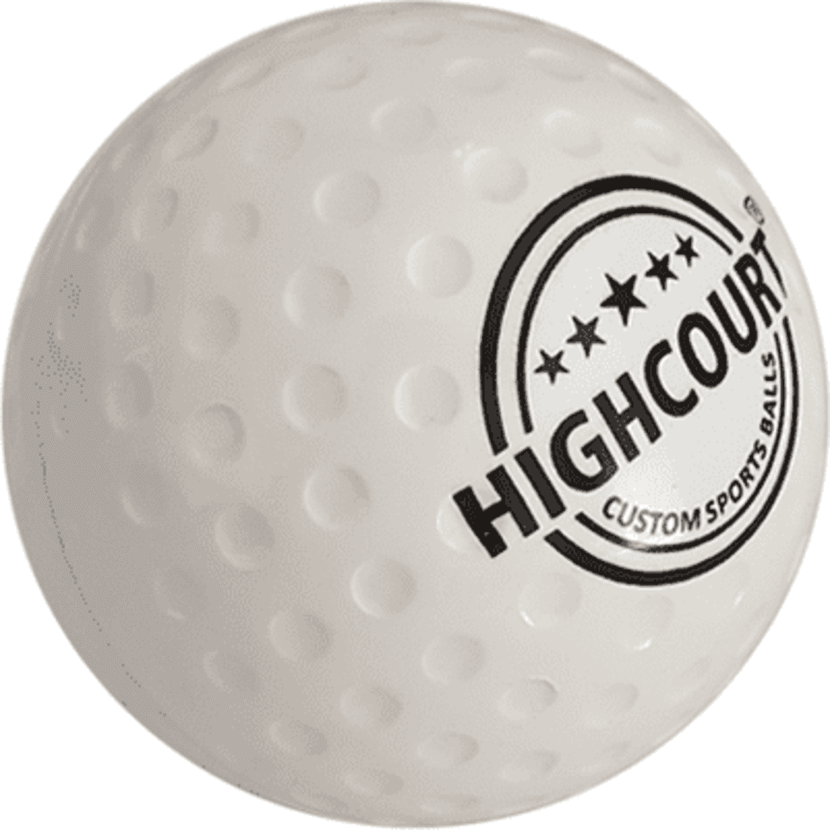 A white field hockey ball with a textured surface and a brand logo.