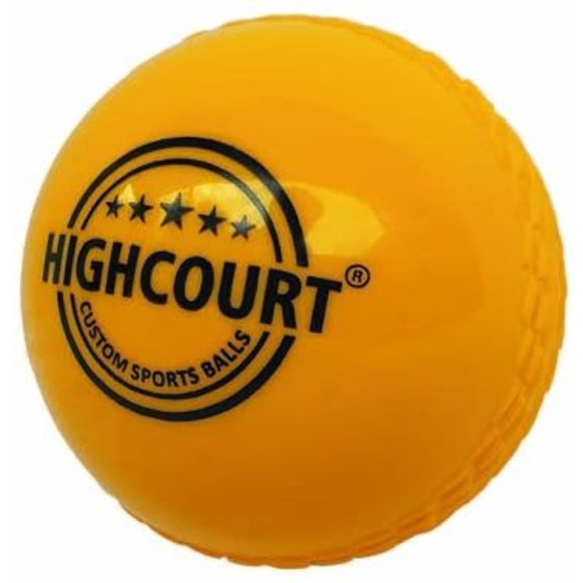 A yellow hollow soft ball with a circular shape featuring a logo.