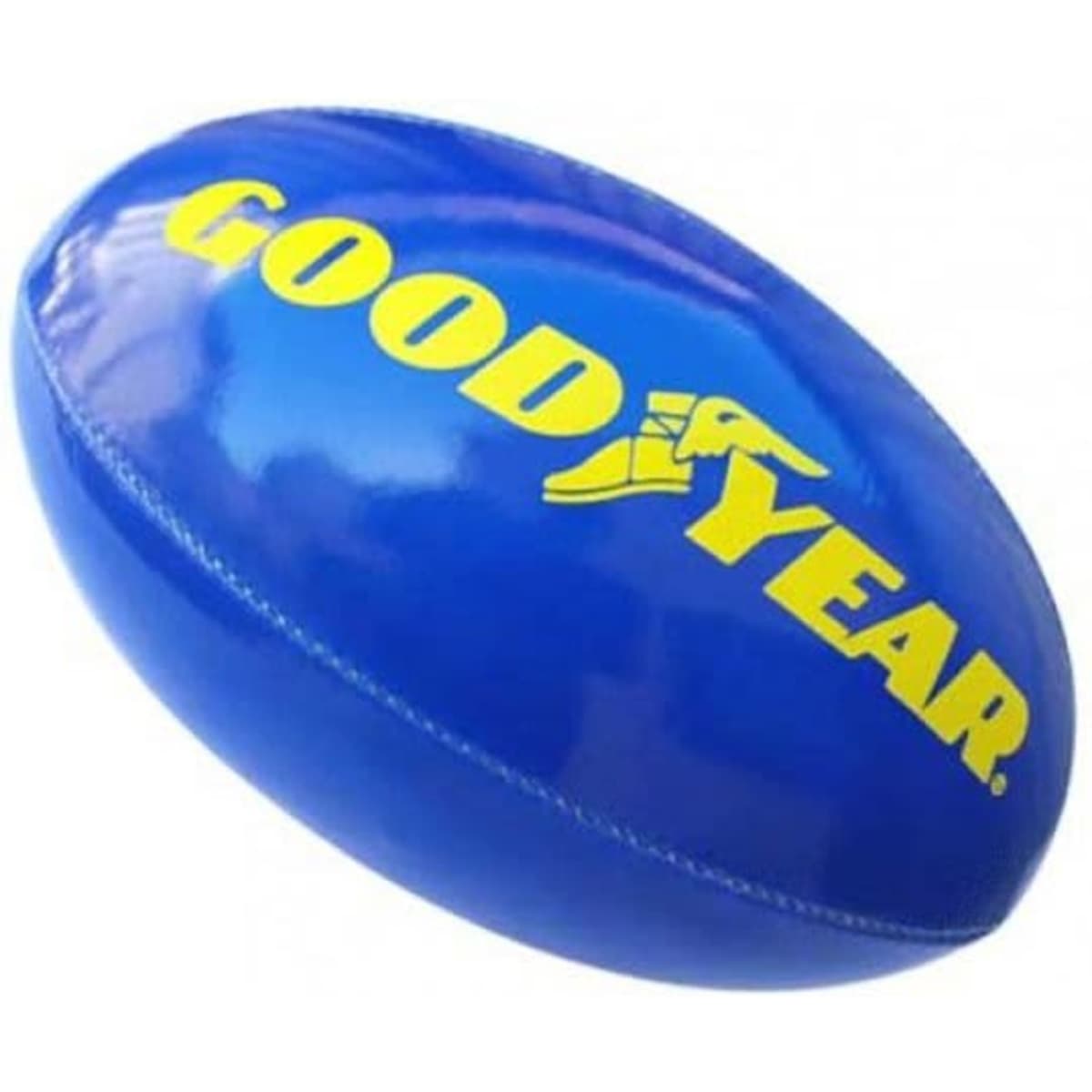A blue rugby union ball with a yellow logo. The ball has a glossy finish and an oval shape.