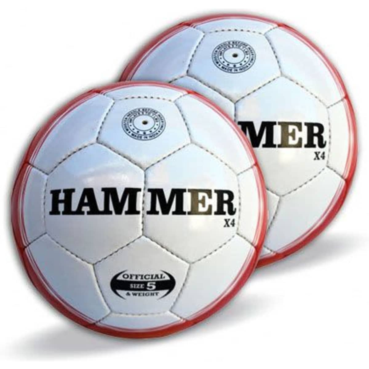 Two white soccer balls with red accents, featuring a logo and the word "HAMMER" displayed prominently.