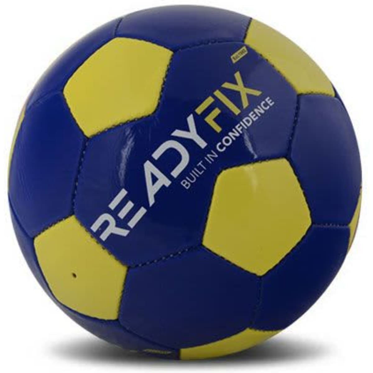 A soccer ball featuring a blue and yellow design, with a logo on its surface.