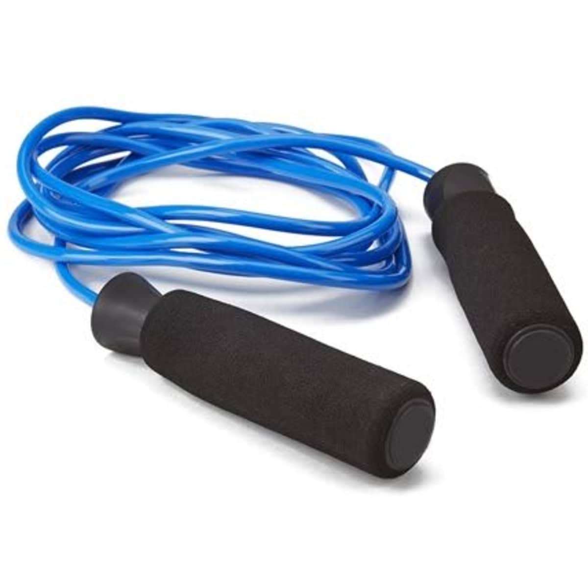 A skipping rope with blue plastic cord and black foam handles. The product has a logo on the handles.