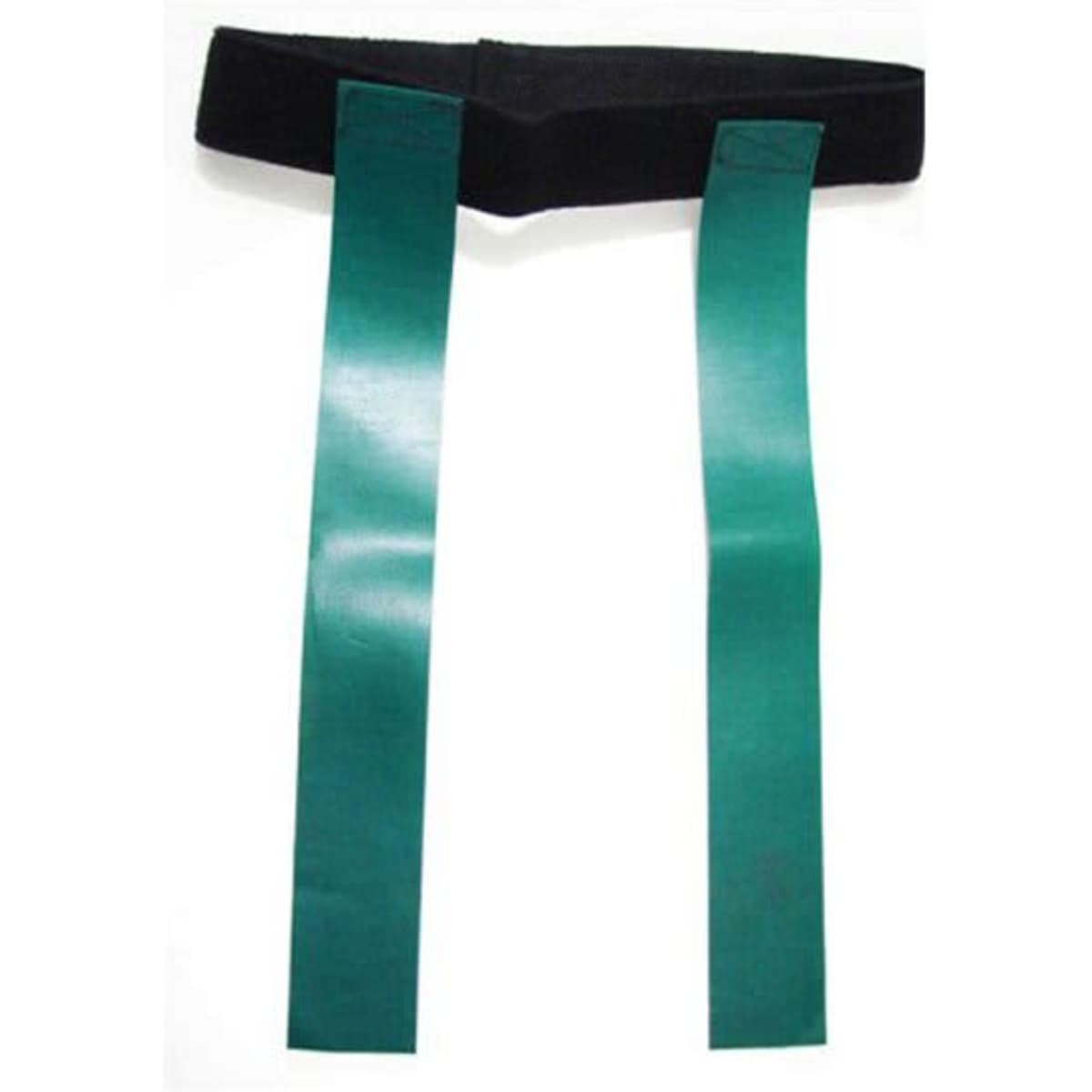 A black belt with two long green straps. The belt features a logo or branding.