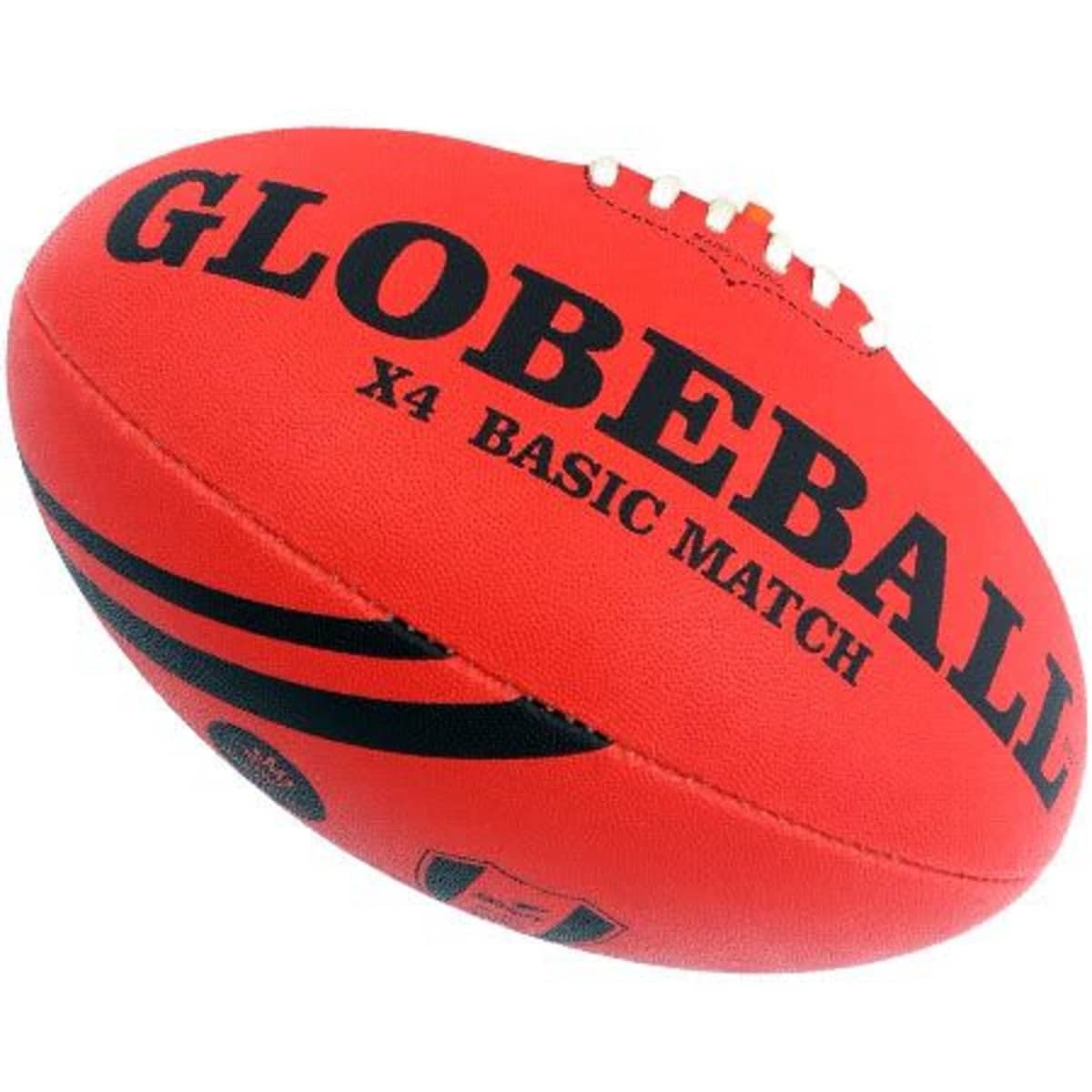A rubberised Australian football in bright red with black stripes and branding.