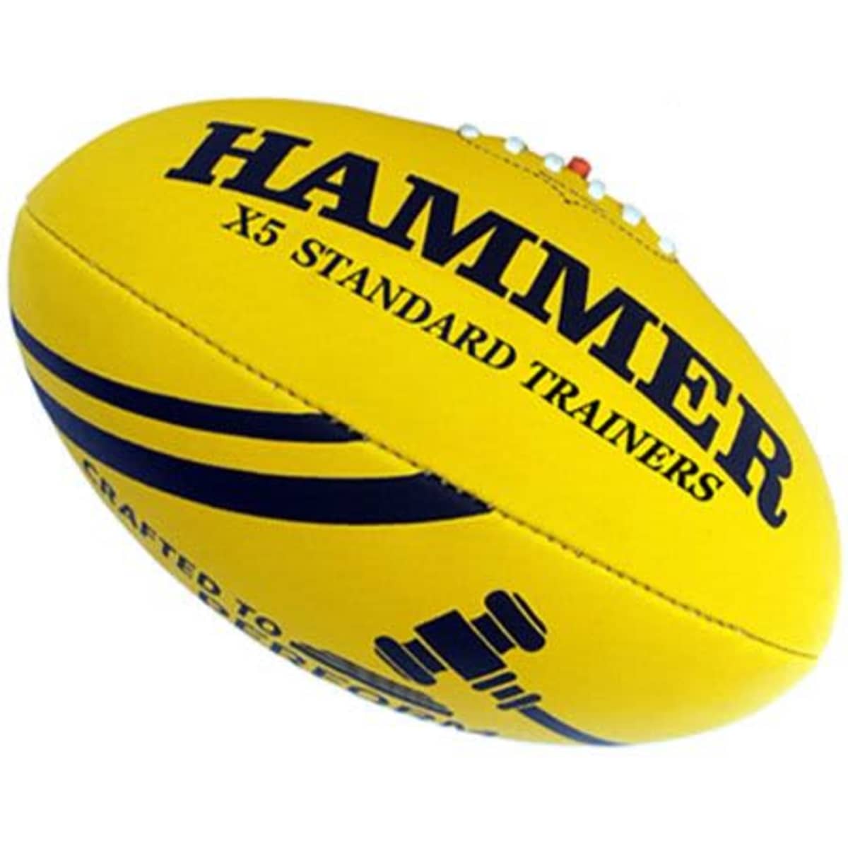 A yellow Australian football trainers featuring a logo, designed with black stripes and text.