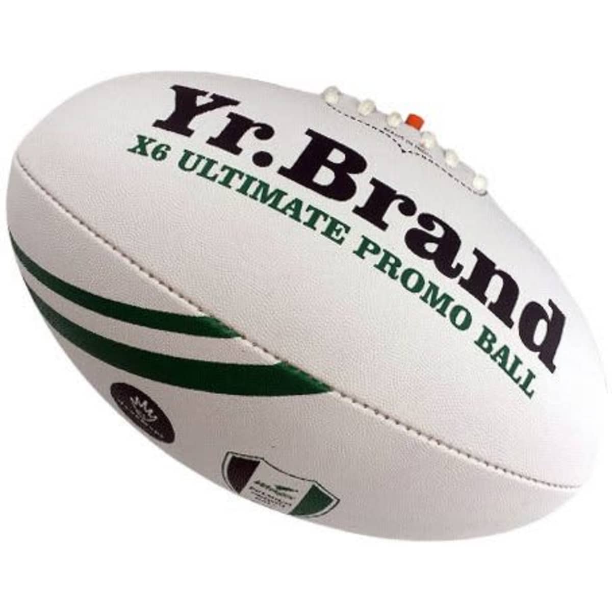 A rugby ball with white and green panels, featuring a logo and promotional text.