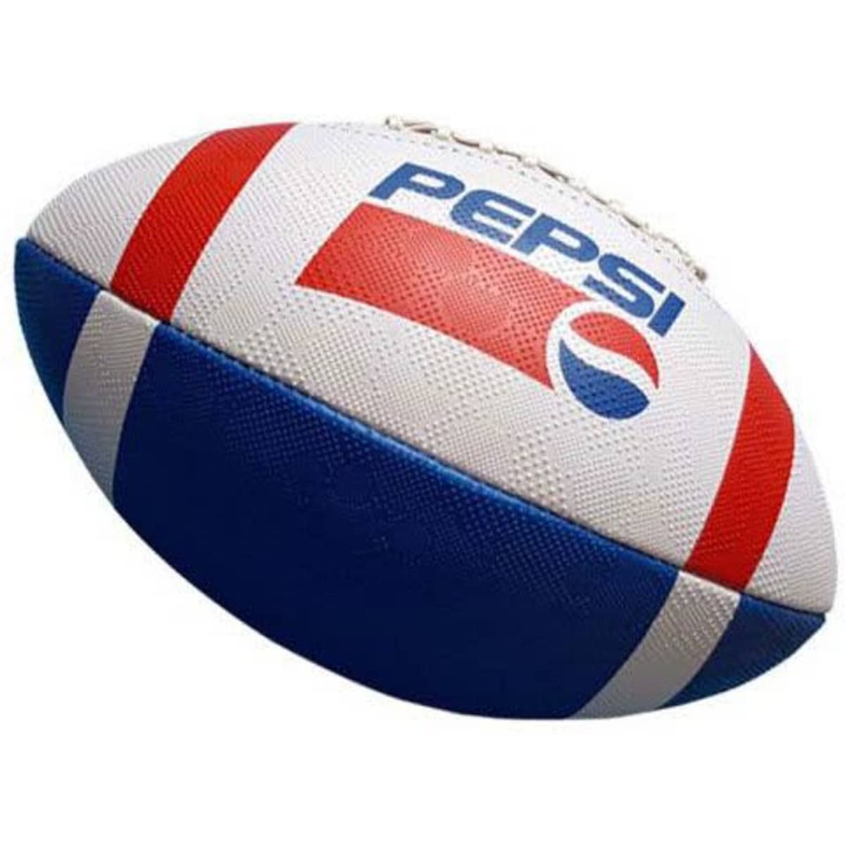 A white and blue American football featuring a red and white logo. The ball has textured grip detailing.