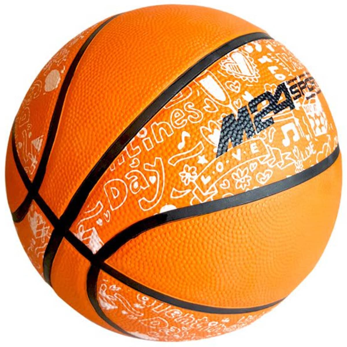 An orange basketball features a textured surface and decorative white doodles, with a logo on the side.