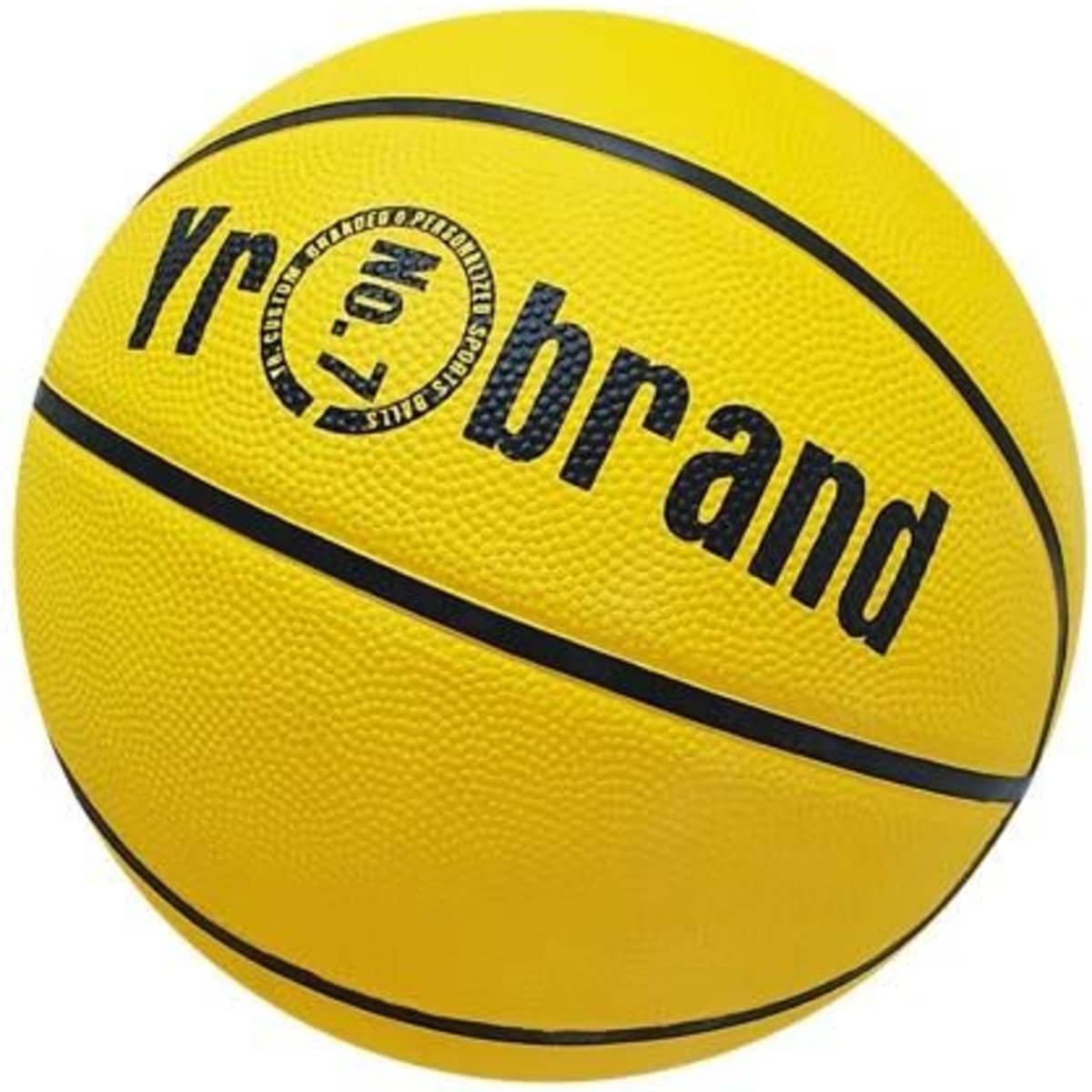 A basketball in bright yellow with textured surface and black branding.