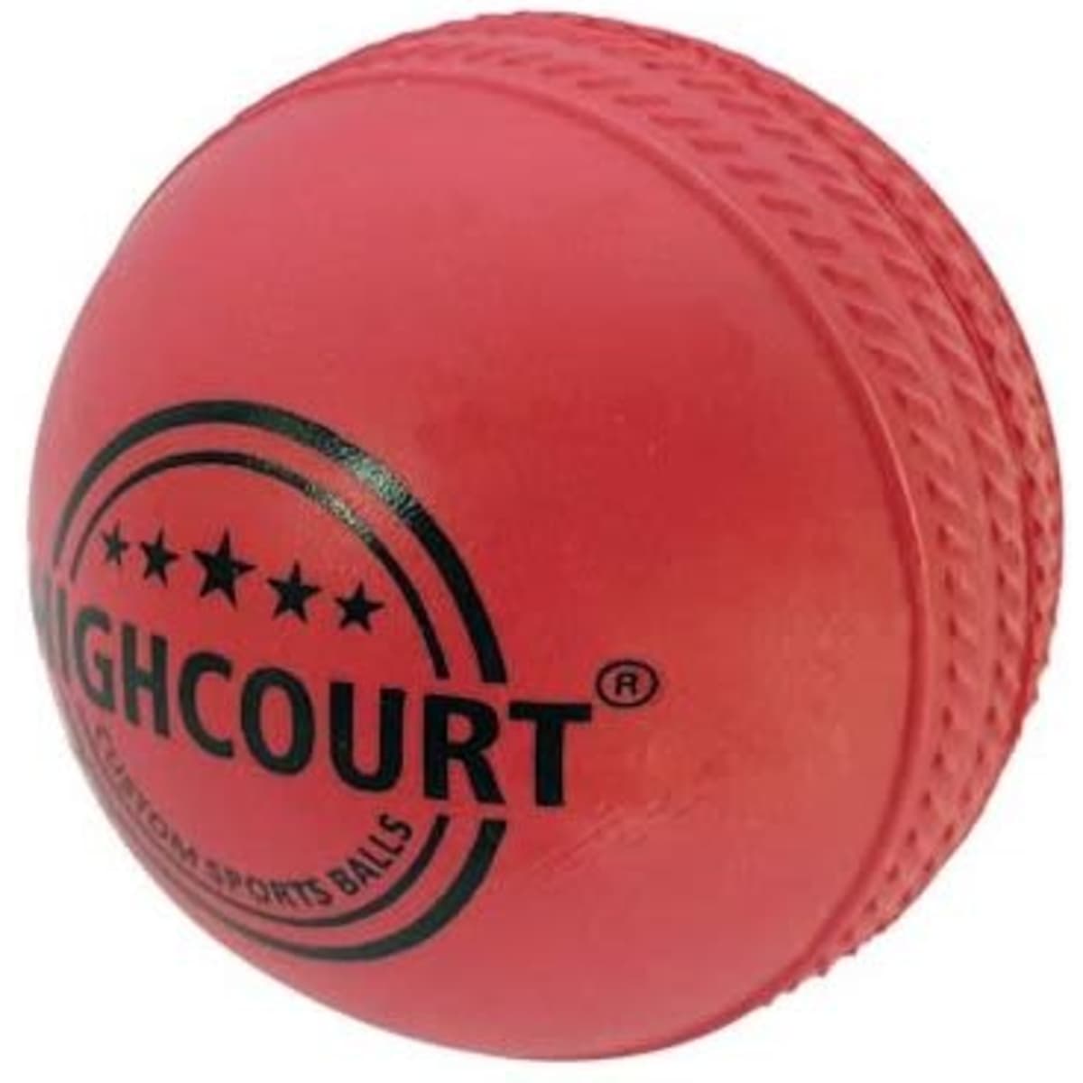 A rubber cricket ball in bright red with black branding and textured seams.
