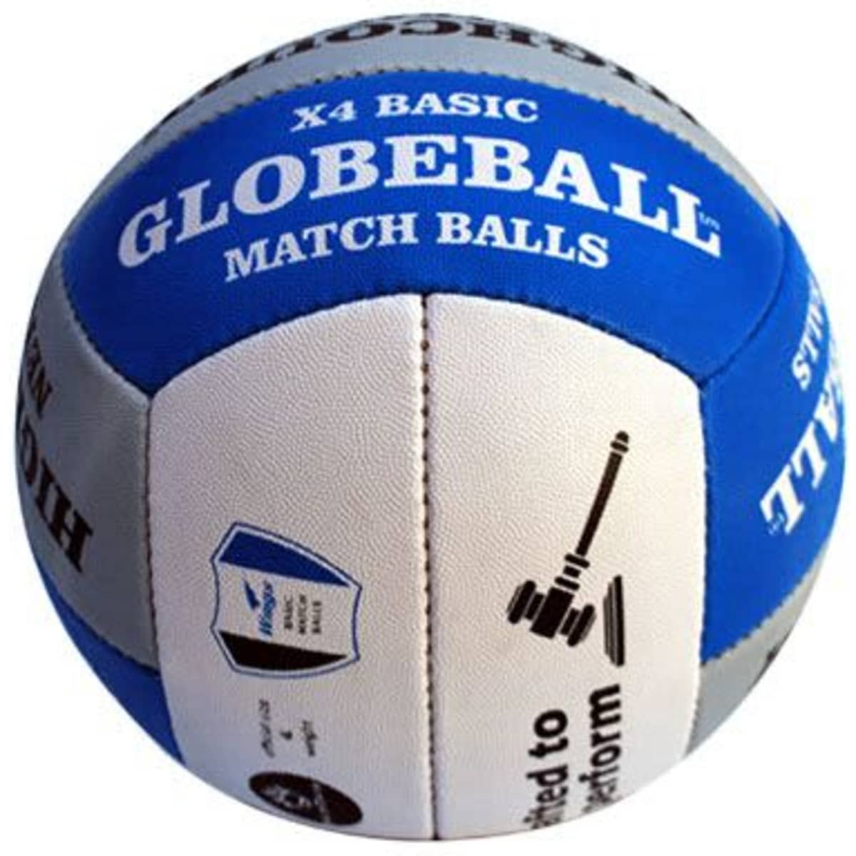 A rubberised netball in blue and grey with a logo and promotional branding.