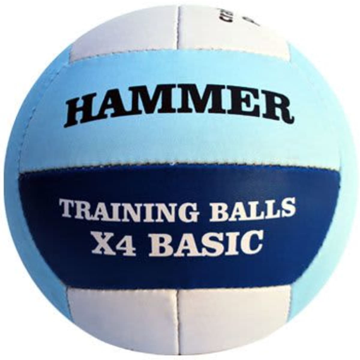 A blue and white netball with 'Hammer' branding and text indicating it is a pack of four training balls.
