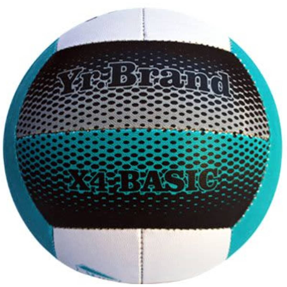 A rubberised netball in teal, black, and white with a textured surface and branding.