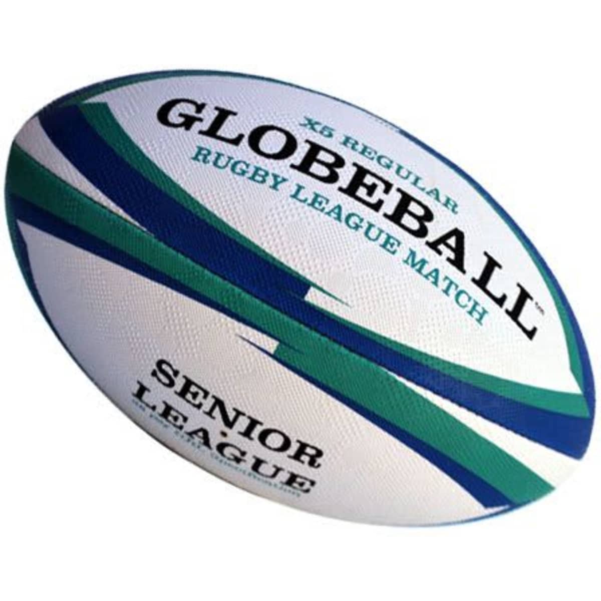 A rubberised rugby league ball featuring green and blue stripes and a branding logo.