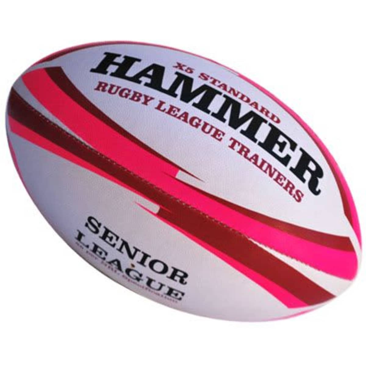 A rugby league ball trainer in white with pink and red accents, featuring a logo and text branding.