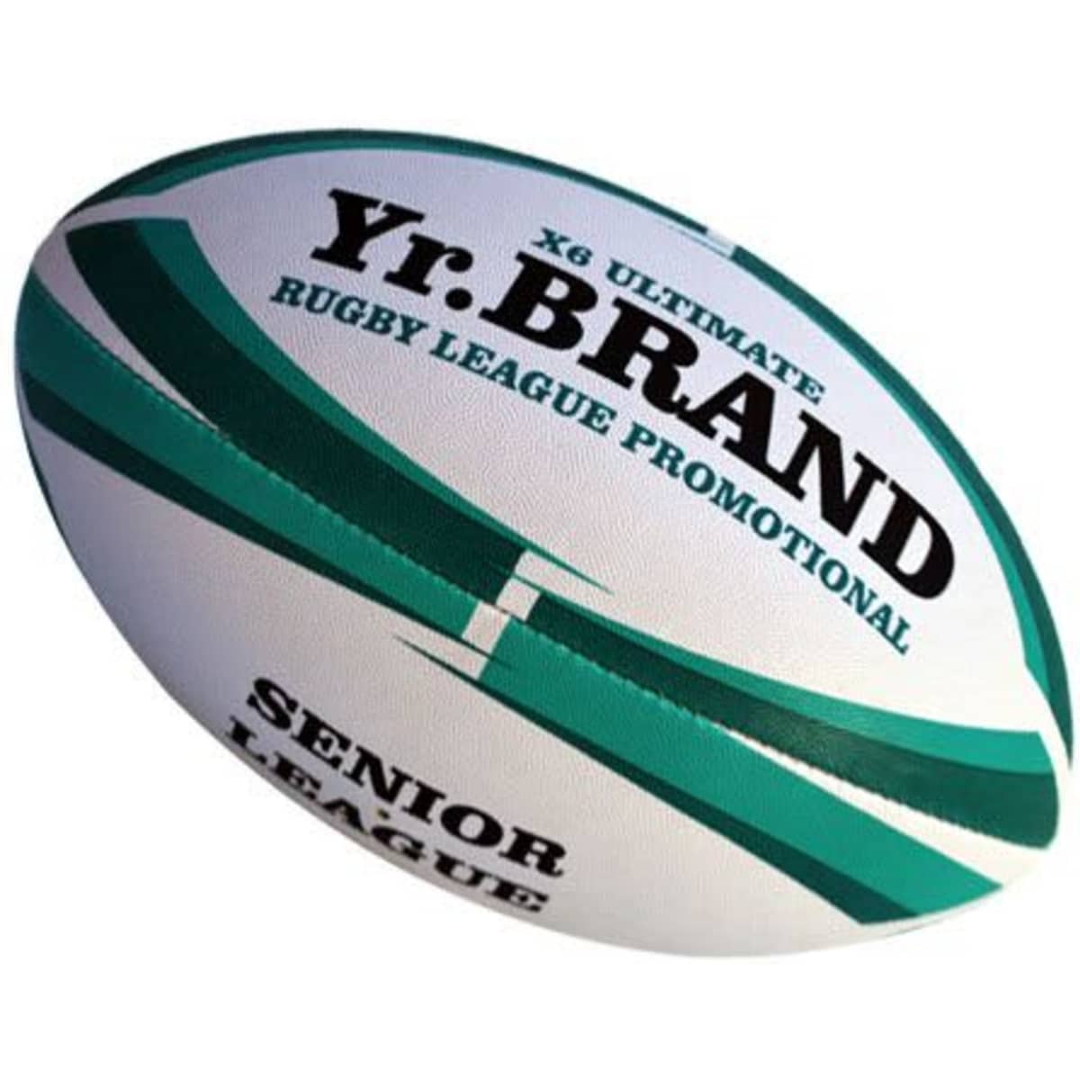 A rugby league ball with a green and white design, featuring a logo and text on its surface.