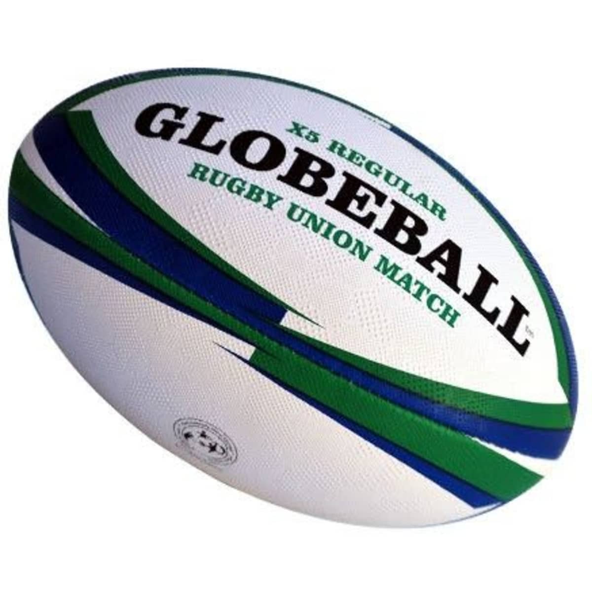 A rubberised rugby union ball in white, green, and blue, featuring a logo and text.