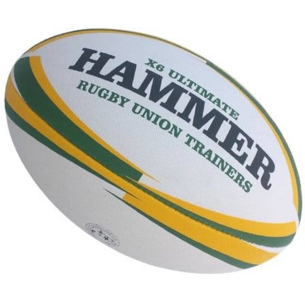 A rugby union ball trainer in white, green, and yellow with a branded logo.
