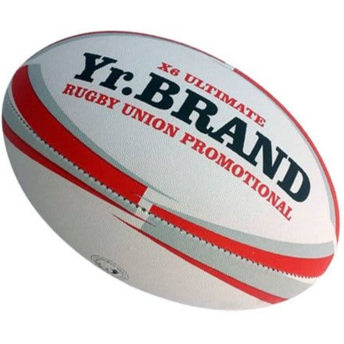A rugby union ball in white with red stripes, featuring a logo and promotional text.