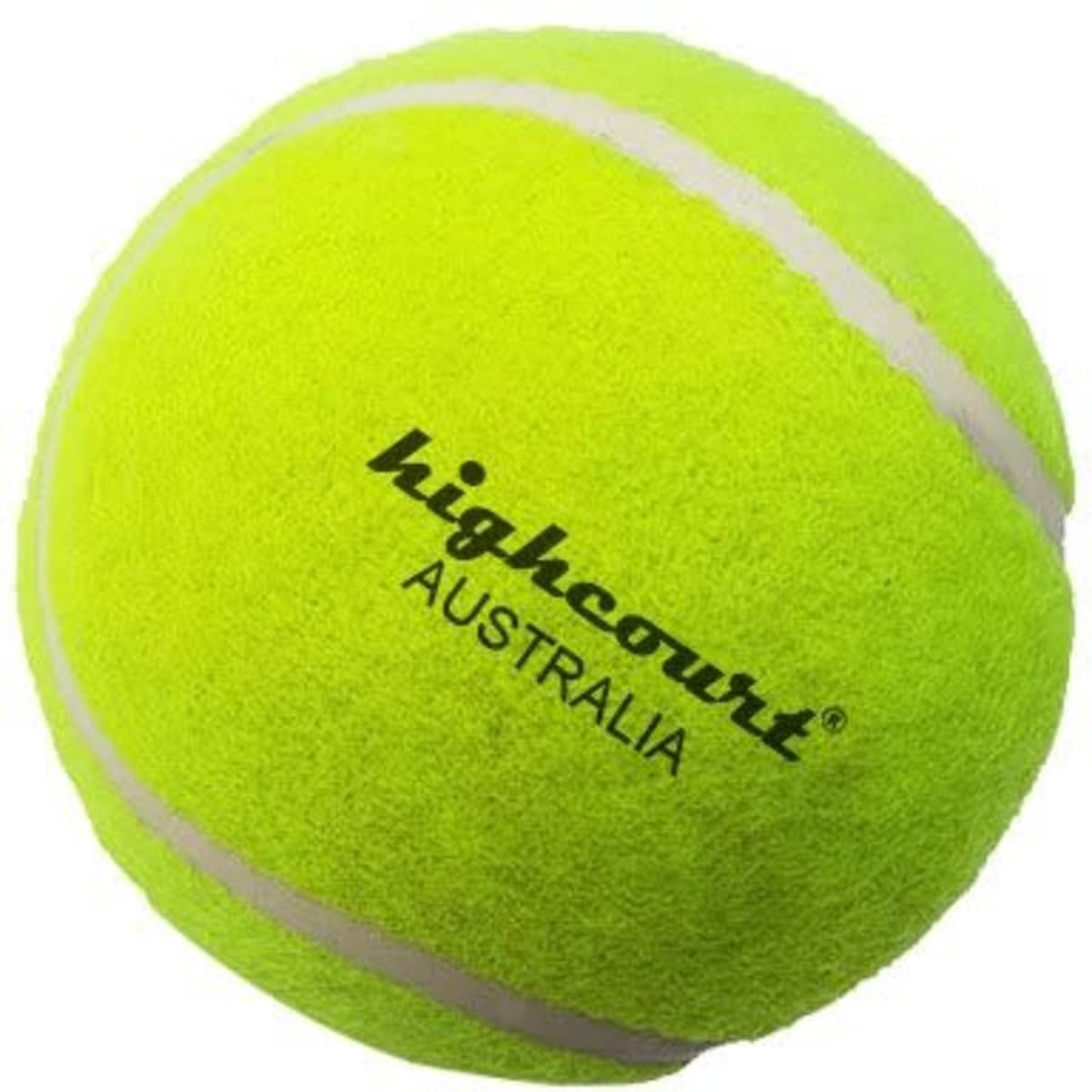 A bright yellow tennis ball with white stripes and a logo.