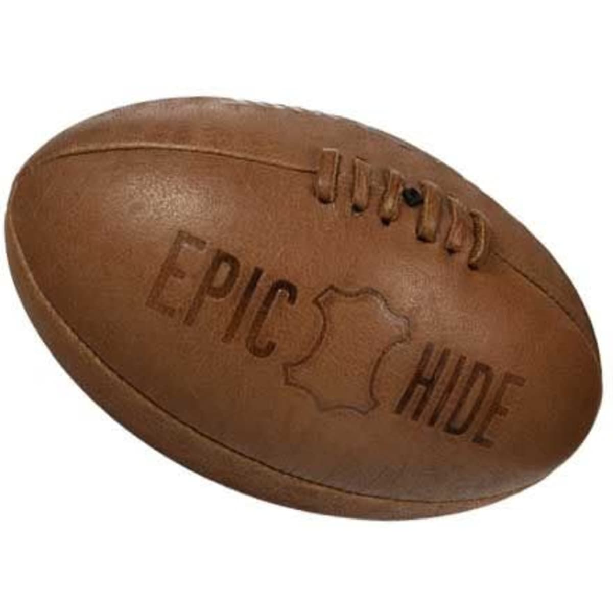 A vintage leather football in brown with a textured surface and a logo embossed on it.