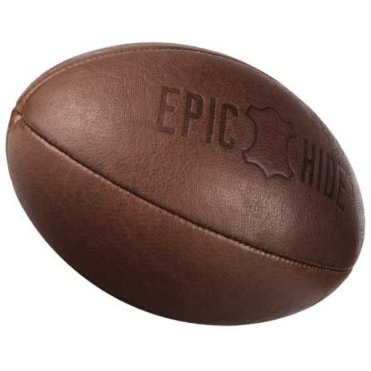 A vintage leather rugby ball in brown, featuring a branding logo.