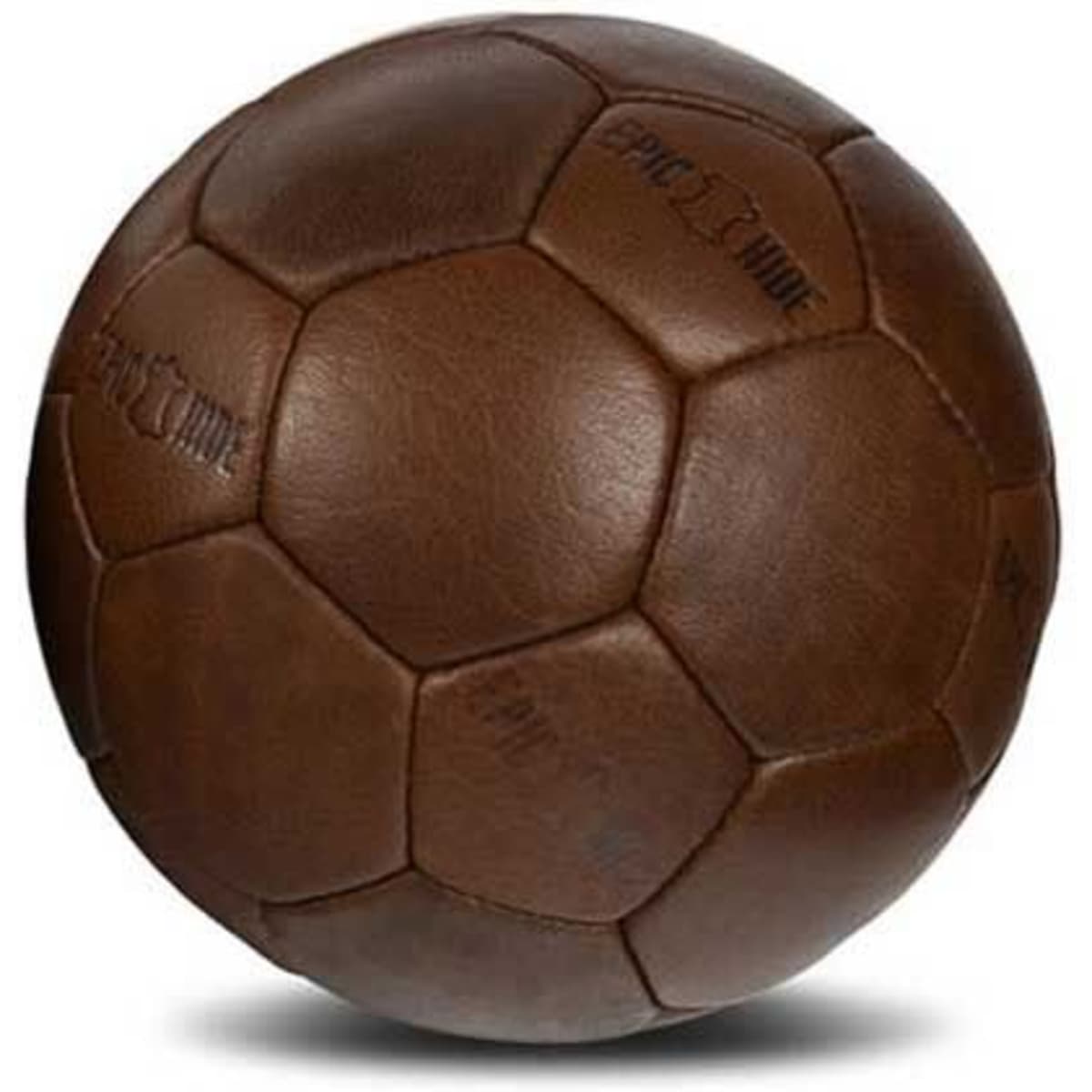 A brown soccer ball with a classic hexagonal pattern and branding, featuring a textured surface.