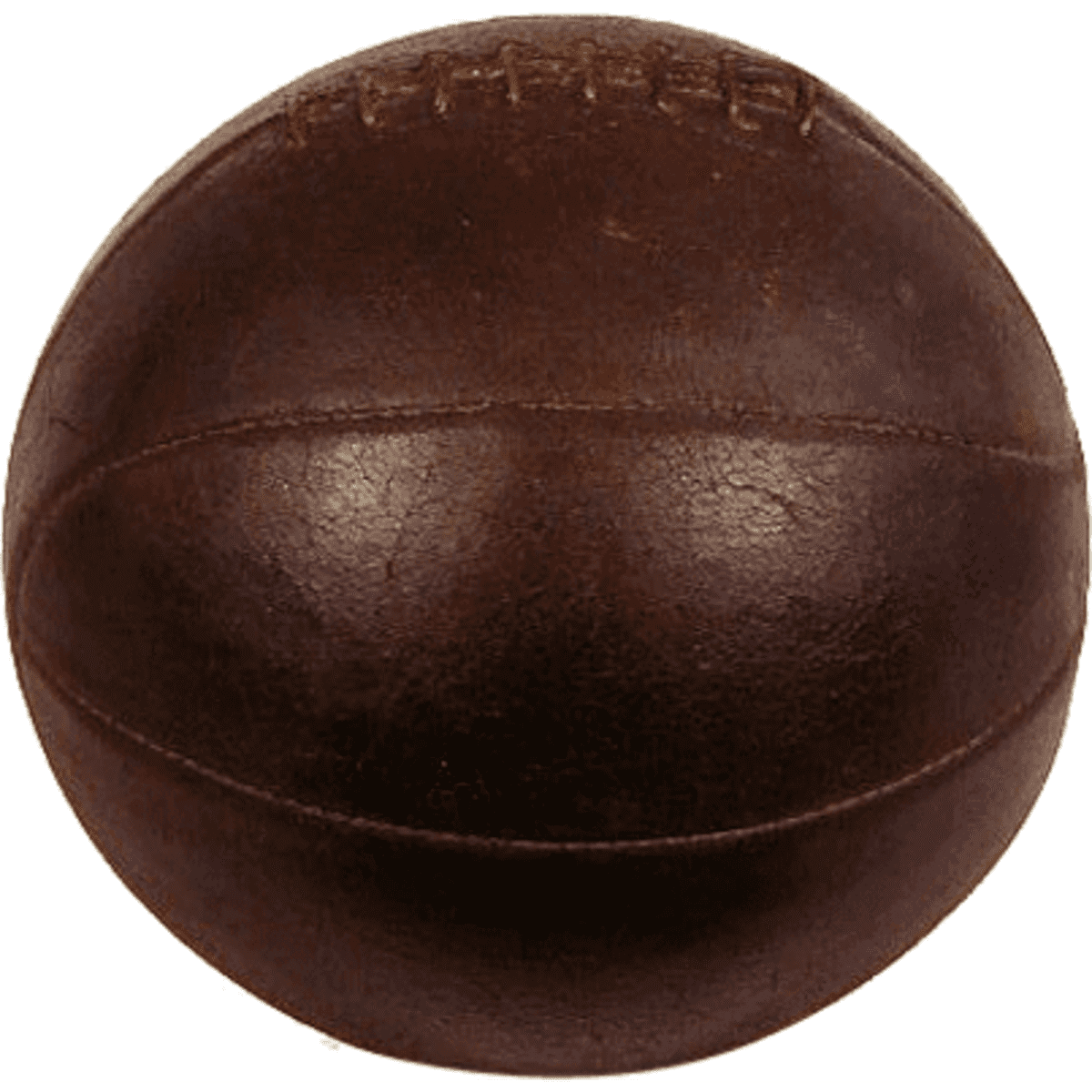 A vintage brown leather basketball with a textured surface and stitched detailing.