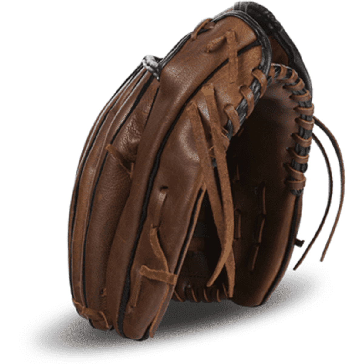 A vintage leather baseball glove in brown and black, featuring detailed stitching and a soft finish.