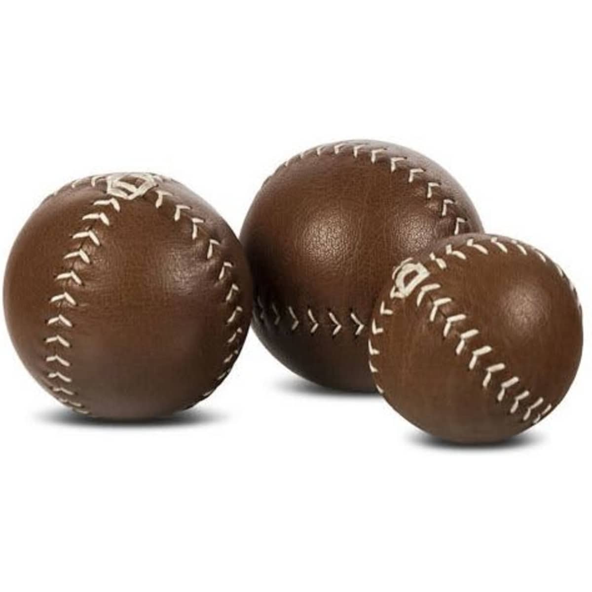 Three vintage leather juggling balls in brown, varying in size, with white stitching details.