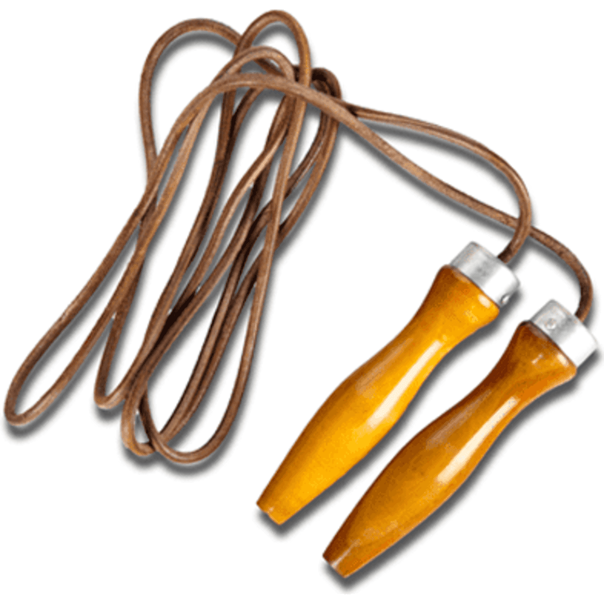 A vintage-style skipping rope with brown leather cord and yellow wooden handles. It features a simple design.